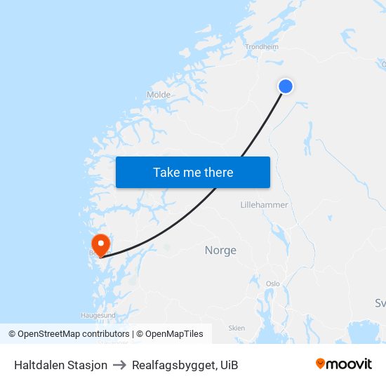 Haltdalen Stasjon to Realfagsbygget, UiB map