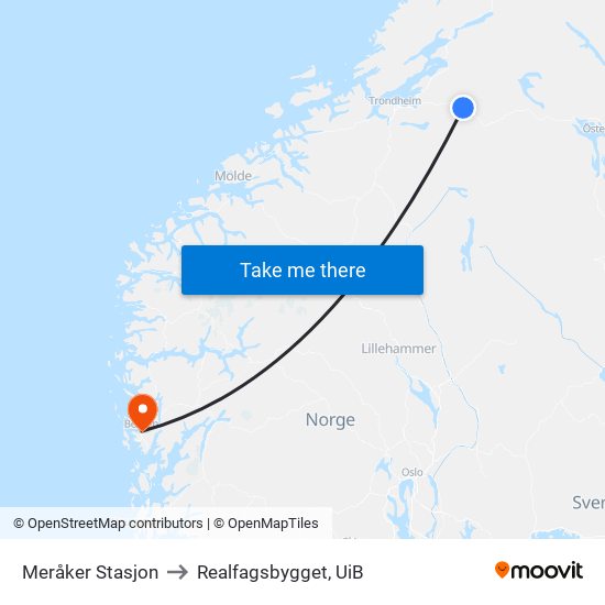 Meråker Stasjon to Realfagsbygget, UiB map