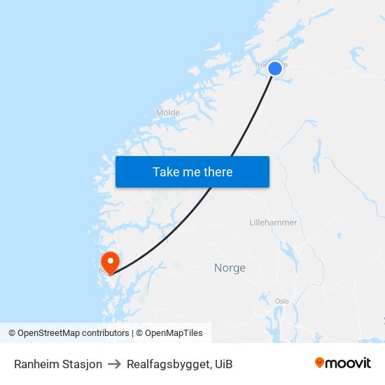 Ranheim Stasjon to Realfagsbygget, UiB map