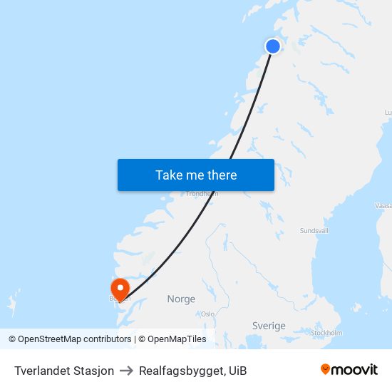 Tverlandet Stasjon to Realfagsbygget, UiB map