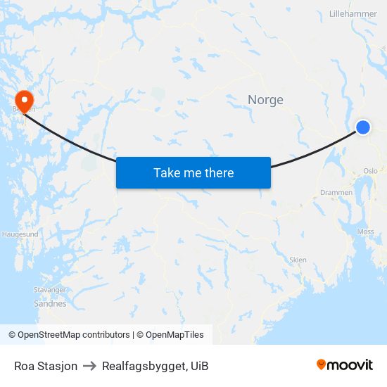 Roa Stasjon to Realfagsbygget, UiB map