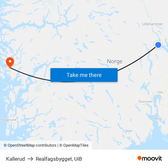 Kallerud to Realfagsbygget, UiB map