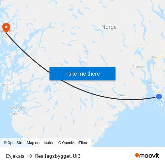 Evjekaia to Realfagsbygget, UiB map