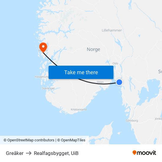 Greåker to Realfagsbygget, UiB map