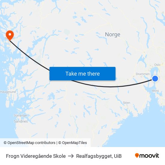 Frogn Videregående Skole to Realfagsbygget, UiB map