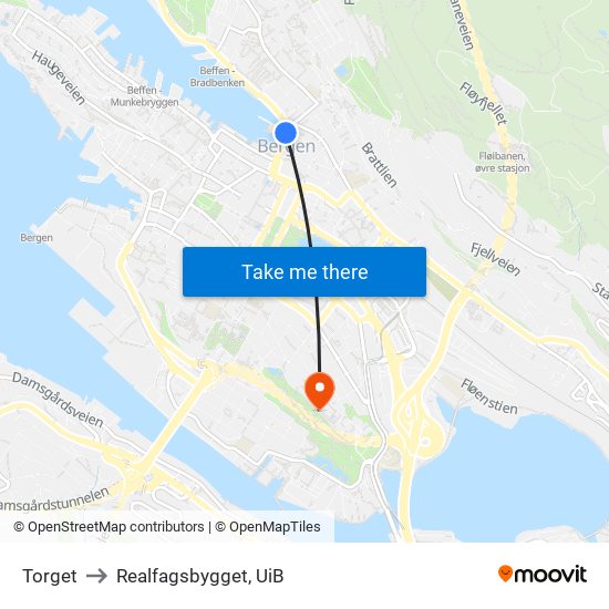 Torget to Realfagsbygget, UiB map