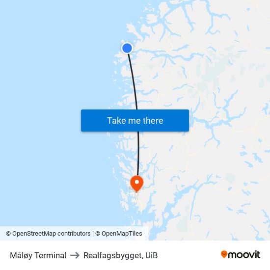 Måløy Terminal to Realfagsbygget, UiB map