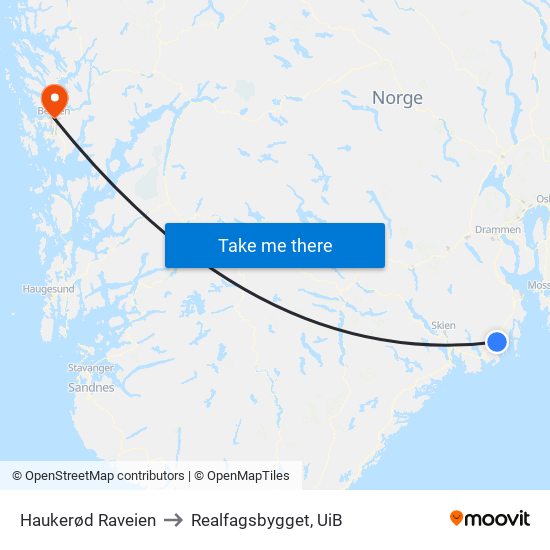 Haukerød Raveien to Realfagsbygget, UiB map