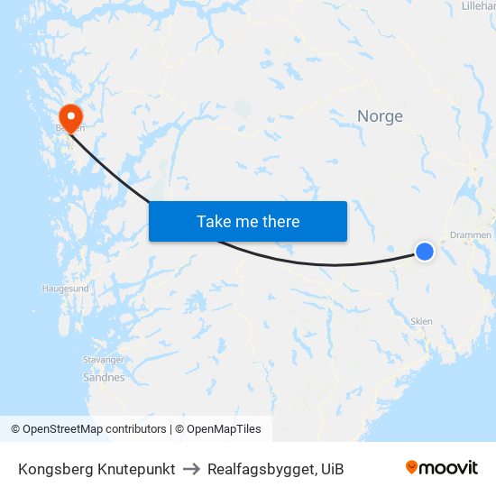 Kongsberg Knutepunkt to Realfagsbygget, UiB map