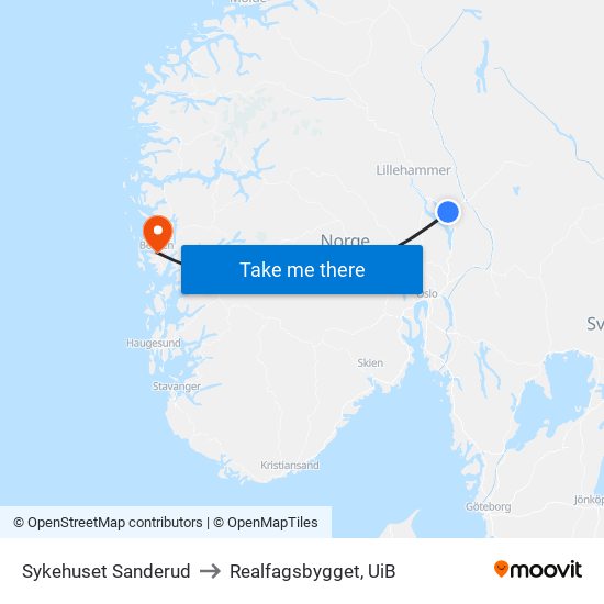 Sykehuset Sanderud to Realfagsbygget, UiB map