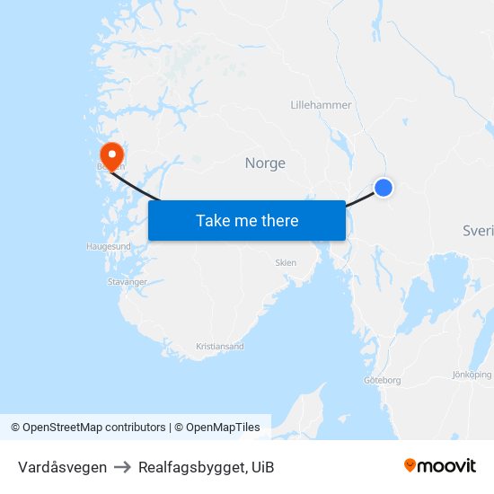 Vardåsvegen to Realfagsbygget, UiB map