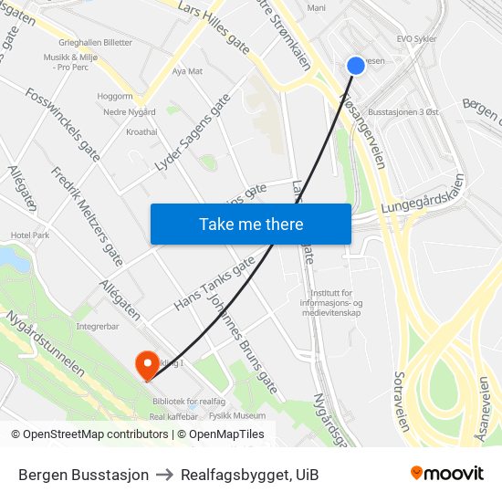 Bergen Busstasjon to Realfagsbygget, UiB map