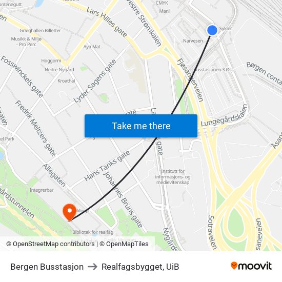 Bergen Busstasjon to Realfagsbygget, UiB map