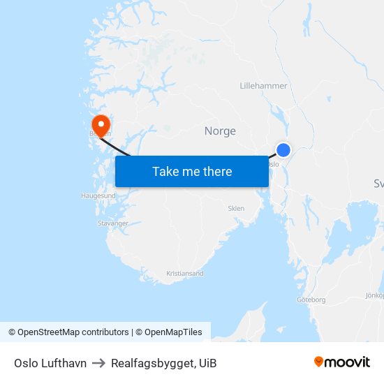Oslo Lufthavn to Realfagsbygget, UiB map