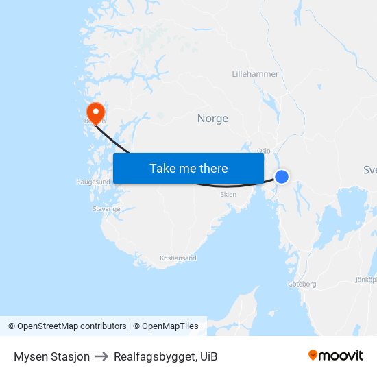 Mysen Stasjon to Realfagsbygget, UiB map