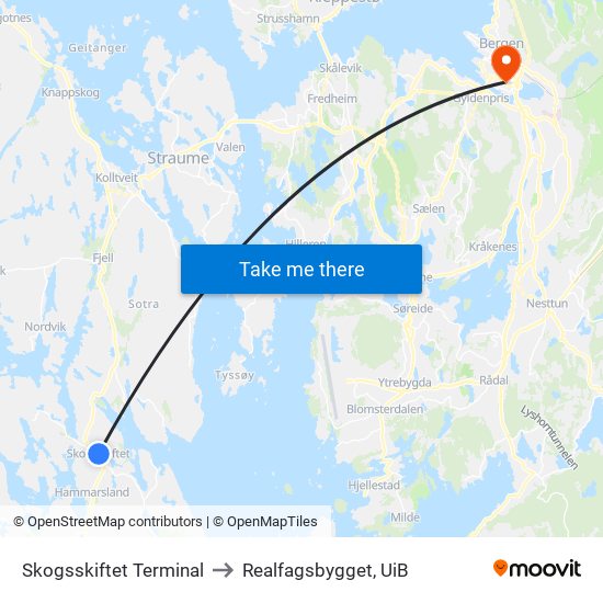 Skogsskiftet Terminal to Realfagsbygget, UiB map