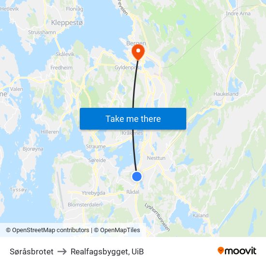 Søråsbrotet to Realfagsbygget, UiB map