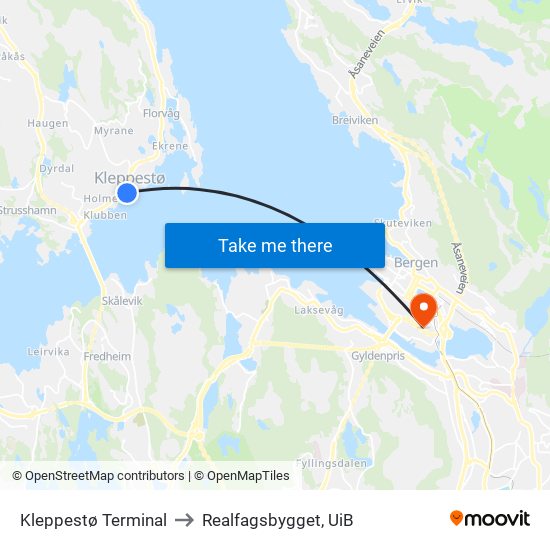 Kleppestø Terminal to Realfagsbygget, UiB map