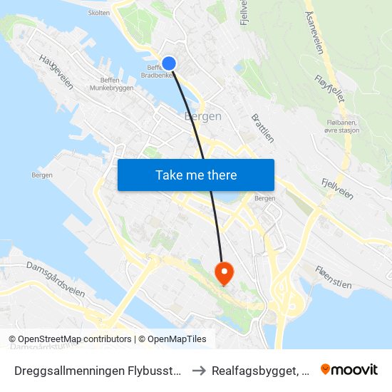 Dreggsallmenningen Flybusstopp to Realfagsbygget, UiB map