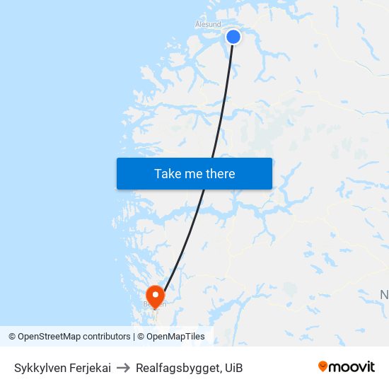 Sykkylven Ferjekai to Realfagsbygget, UiB map