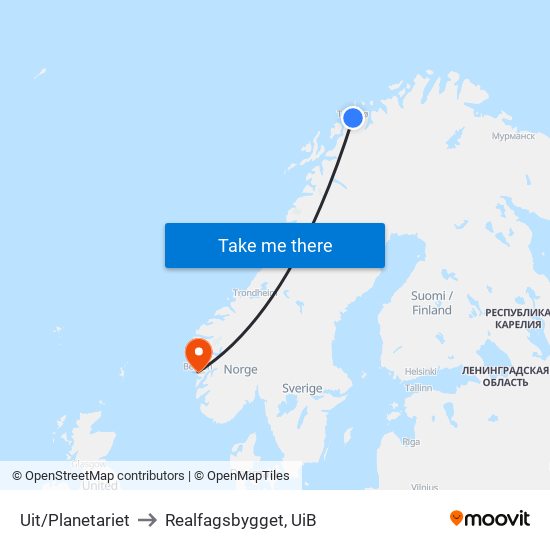 Uit/Planetariet to Realfagsbygget, UiB map