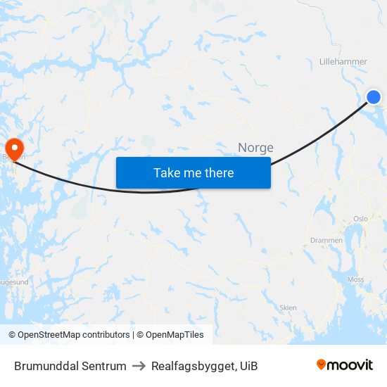 Brumunddal Sentrum to Realfagsbygget, UiB map