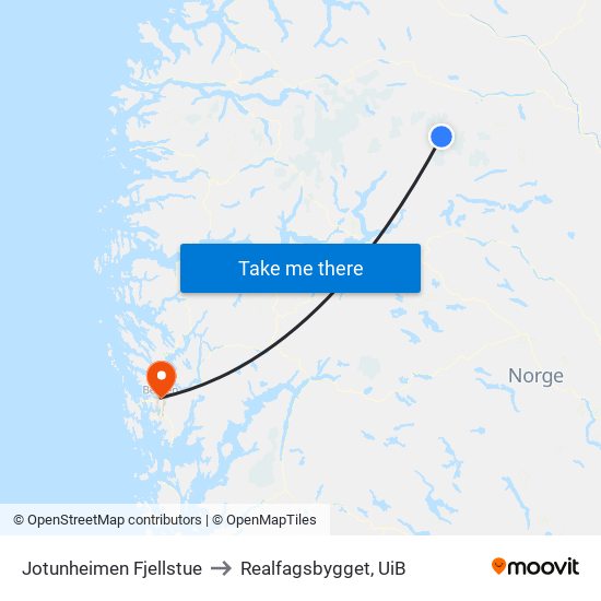 Jotunheimen Fjellstue to Realfagsbygget, UiB map