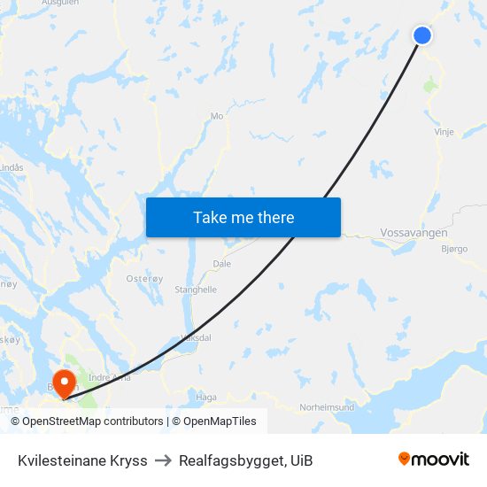 Kvilesteinane Kryss to Realfagsbygget, UiB map