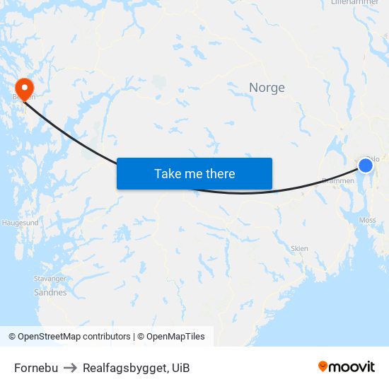 Fornebu to Realfagsbygget, UiB map