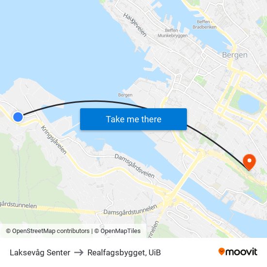 Laksevåg Senter to Realfagsbygget, UiB map