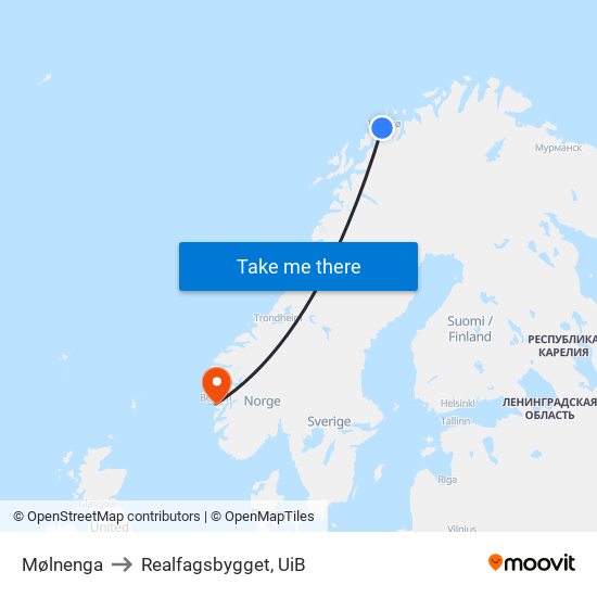 Mølnenga to Realfagsbygget, UiB map