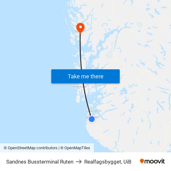 Sandnes Bussterminal Ruten to Realfagsbygget, UiB map