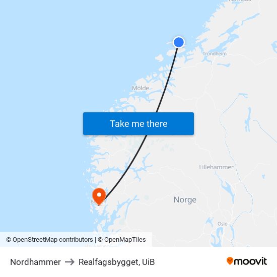 Nordhammer to Realfagsbygget, UiB map