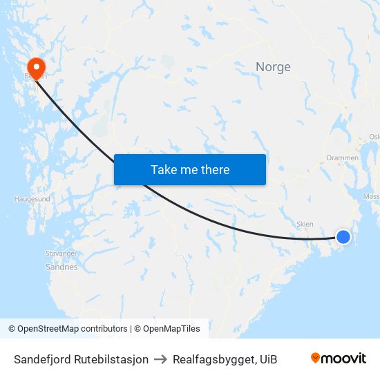 Sandefjord Rutebilstasjon to Realfagsbygget, UiB map