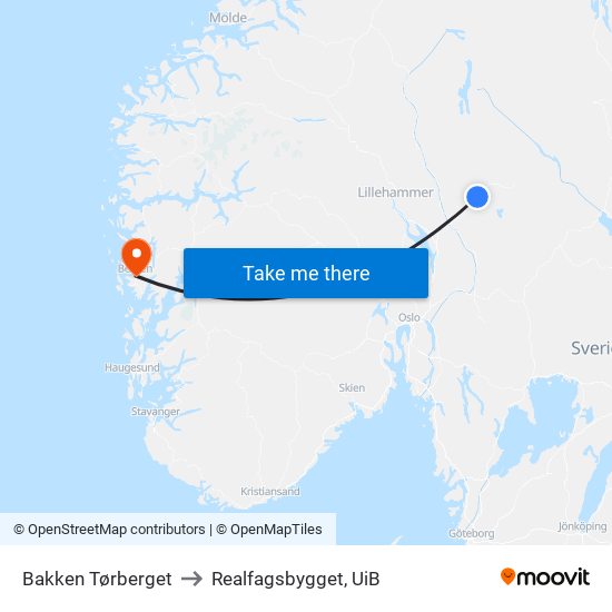 Bakken Tørberget to Realfagsbygget, UiB map