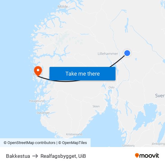 Bakkestua to Realfagsbygget, UiB map