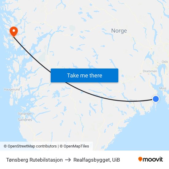 Tønsberg Rutebilstasjon to Realfagsbygget, UiB map