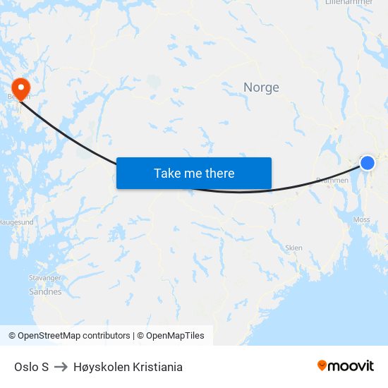 Oslo S to Høyskolen Kristiania map