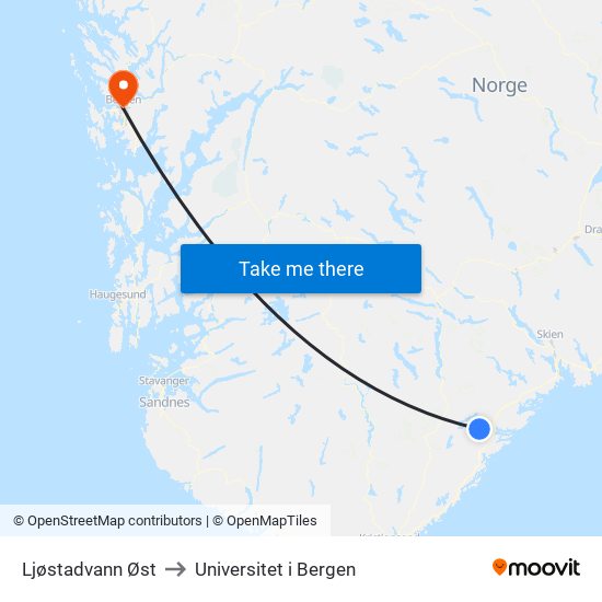 Ljøstadvann Øst to Universitet i Bergen map