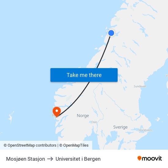 Mosjøen Stasjon to Universitet i Bergen map