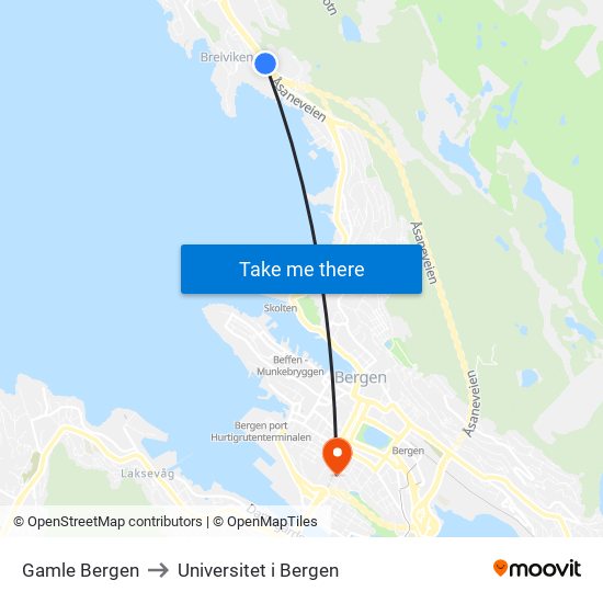 Gamle Bergen to Universitet i Bergen map