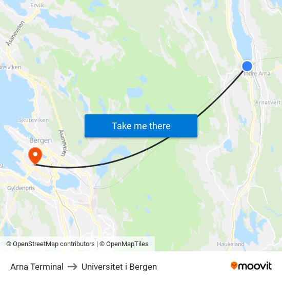 Arna Terminal to Universitet i Bergen map