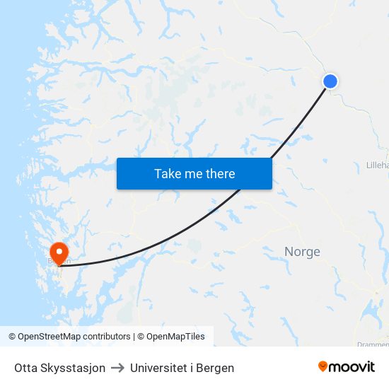 Otta Skysstasjon to Universitet i Bergen map