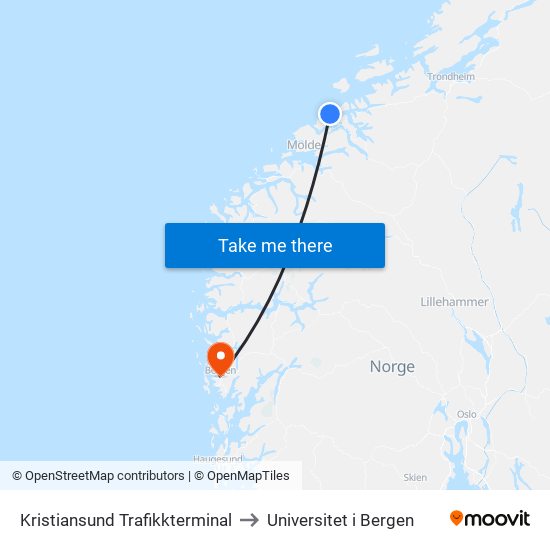 Kristiansund Trafikkterminal to Universitet i Bergen map