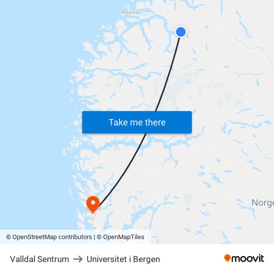 Valldal Sentrum to Universitet i Bergen map