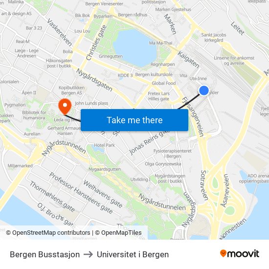 Bergen Busstasjon to Universitet i Bergen map