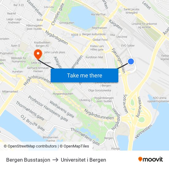 Bergen Busstasjon to Universitet i Bergen map