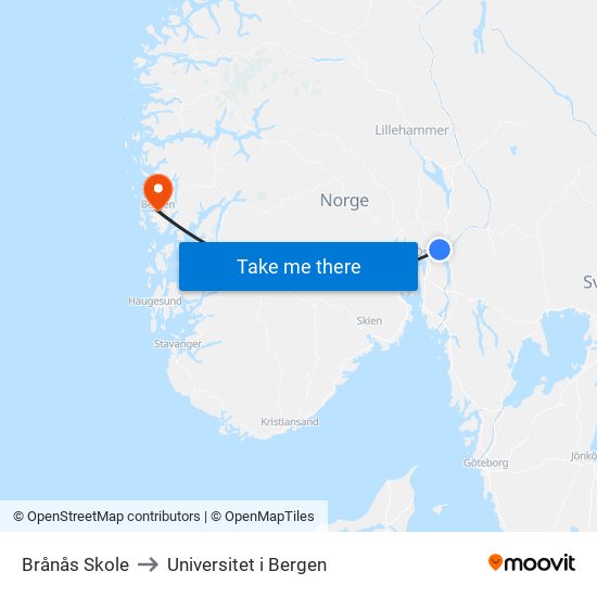 Brånås Skole to Universitet i Bergen map