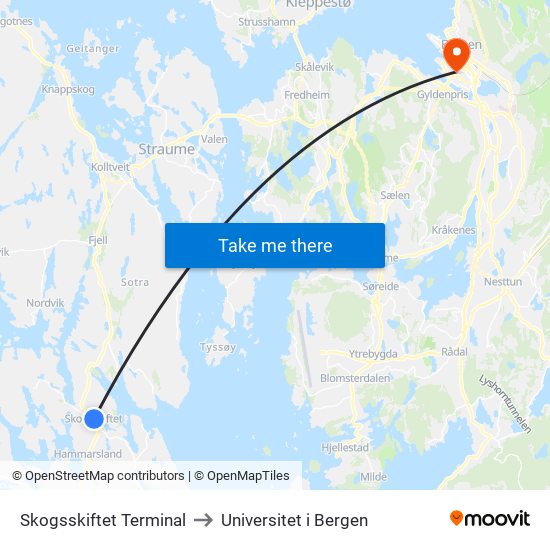 Skogsskiftet Terminal to Universitet i Bergen map