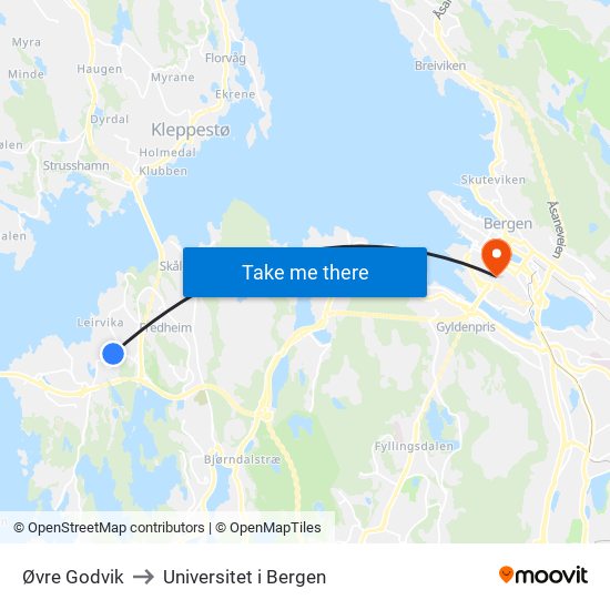Øvre Godvik to Universitet i Bergen map